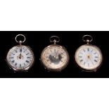 A COLLECTION OF THREE LADIES OPEN FACED SILVER FOB WATCHES all having foliate engraved cases and key