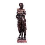 A REPRODUCTION BRONZE FIGURAL SCULPTURE AFTER 'DAIOU' depicting a classical scholar - signed and