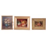 THREE STILL LIFE PAINTINGS comprising an oil on panel still life by Paddy Gaffney of apples 11.5cm