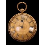 AN EARLY 20TH CENTURY 18CT GOLD OPEN FACED POCKET WATCH the engine turned case with foliate relief