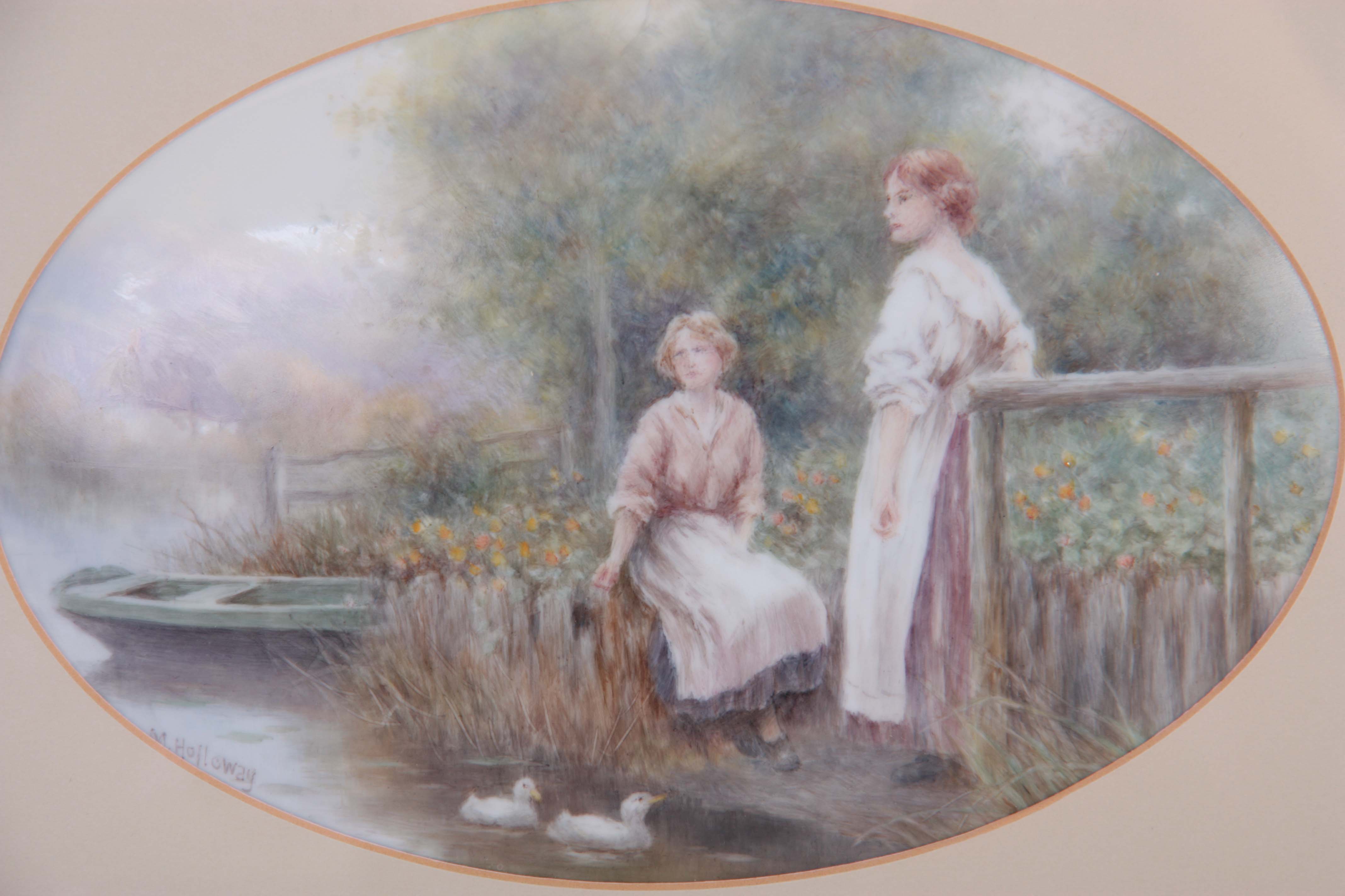 AN EARLY 20TH CENTURY MILWYN HOLLOWAY OVAL PORCELAIN PLAQUE depicting two young ladies in a - Image 2 of 5