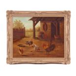 EDOUARD JEANMAIRE 1847-1916 OIL ON WOOD PANEL. Farmyard scene with cockerel, hens and turkey 39cm