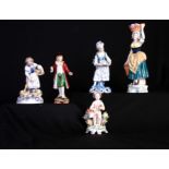 A GROUP OF FIVE CONTINENTAL SMALL PORCELAIN FIGURES 21.5cm high and smaller