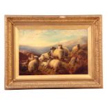 ROBERT WATSON 1865-1916 OIL ON CANVAS. Sheep on a highland crag 39.5cm high, 60cm wide - signed