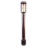 J BLATT BRIGHTON A 20TH CENTURY MAHOGANY BOW-FRONT STICK BAROMETER with silvered calibrated dials