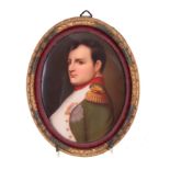 A LATE 19TH CENTURY K.P.M TYPE FRAMED PAINTED PORCELAIN OVAL PLAQUE OF NAPOLEON 15cm high, 12cm