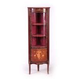 A 20TH CENTURY FRENCH STYLE MAHOGANY MARQUETRY AND ORMOLU MOUNTED BOW FRONT STANDING CORNER CUPBOARD