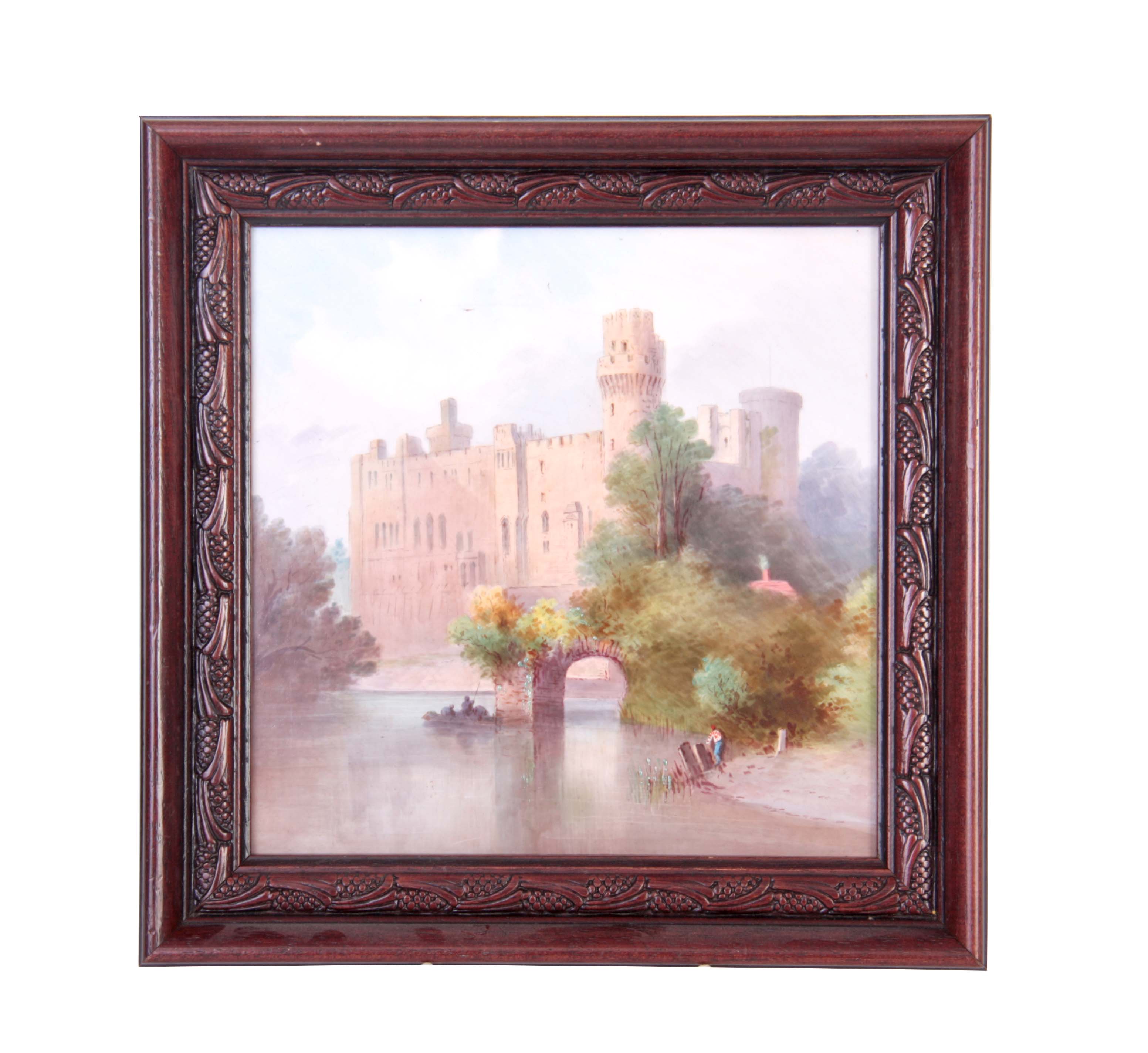 A MINTON'S PORCELAIN HANGING PLAQUE depicting Warwick Castle 20cm square - mounted in a modern