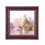 A MINTON'S PORCELAIN HANGING PLAQUE depicting Warwick Castle 20cm square - mounted in a modern