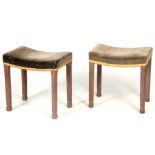 A PAIR OF ELIZABETH II OAK FRAMED CORONATION STOOLS STAMPED CASTLE BROS.1953 with chamfered legs and