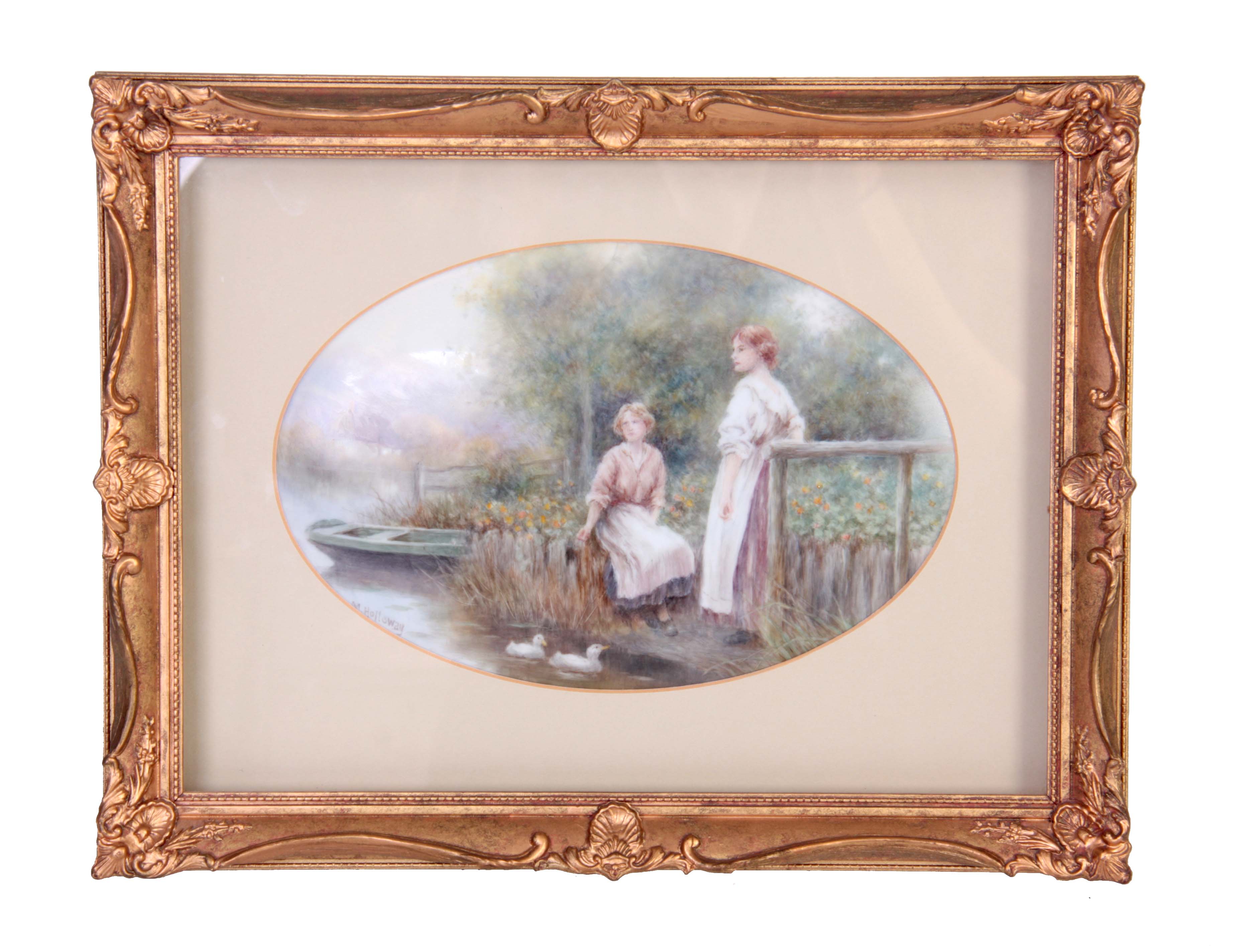 AN EARLY 20TH CENTURY MILWYN HOLLOWAY OVAL PORCELAIN PLAQUE depicting two young ladies in a