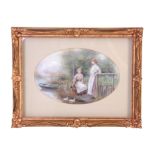 AN EARLY 20TH CENTURY MILWYN HOLLOWAY OVAL PORCELAIN PLAQUE depicting two young ladies in a