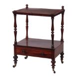 A 19TH CENTURY ROSEWOOD WHAT NOT with turned column supports and fitted drawer to the frieze;