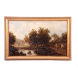 A. MELZER 19TH CENTURY OIL ON CANVAS. Country village river scene 48cm high, 80cm wide - signed
