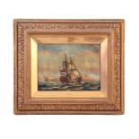 J WEBB OIL ON CANVAS. View of a sea battle 20cm high, 26.5cm wide - signed and mounted in gilt