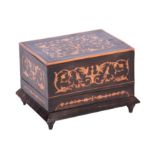 A LATE 19TH/EARLY 20TH CENTURY EBONIZED AND MARQUETRY INLAID MUSICAL TABLE CIGARETTE DISPENSER