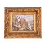 A 20TH CENTURY RECTANGULAR PORCELAIN PLAQUE depicting a Loch scene with a piper and young lady