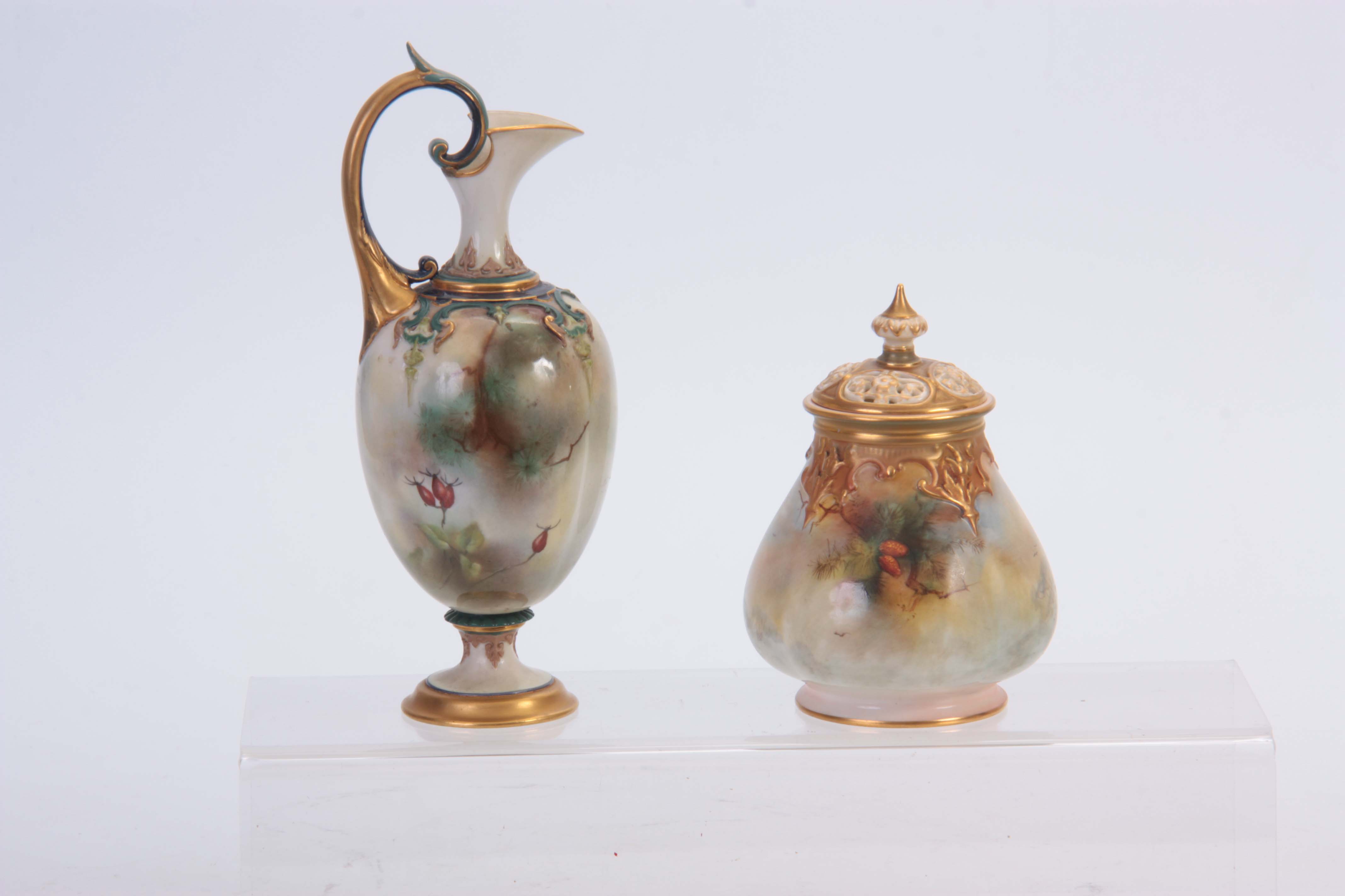 F J BRAY A ROYAL WORCESTER LOBED BULBOUS POTPOURRI JAR AND PIERCED COVER with relief moulded green - Image 2 of 7