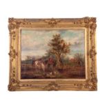 ADE ECEUVE A LARGE 19TH CENTURY OIL ON CANVAS. Country landscape with horses watering by a pond 70cm