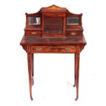A LATE 19TH CENTURY INLAID ROSEWOOD WRITING DESK the superstructure with tambour centre, side