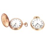TWO EARLY 20TH CENTURY GOLD PLATED ELGIN POCKET WATCHES the first a full hunter with keyless wind