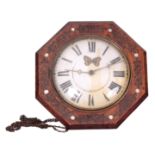 A 19TH CENTURY HANGING WEIGHT DRIVEN POSTMAN'S ALARM WALL CLOCK with simulated rosewood inlaid case,