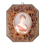 A 19TH CENTURY MINIATURE ON IVORY SIGNED MARION, depicting Queen Hortense mounted and in brass