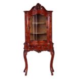 AN EARLY 20TH CENTURY ITALIAN WALNUT AND MARQUETRY INLAID SERPENTINE DISPLAY CABINET ON STAND with