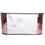 AN ART DECO HANGING MIRROR with Palm Tree etched glass and pink domed sides 38cm high 73cm wide