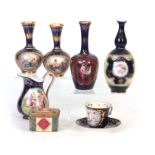 A GROUP OF FOUR VIENNA STYLE CABINET VASES AND A SMALL EWER each gilt and Royal Blue ground with