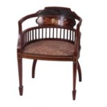 AN EDWARDIAN INLAID MAHOGANY TUB CHAIR with bone and boxwood inlaid back 55cm across 72cm high.