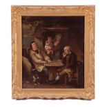 A 19TH CENTURY OIL ON CANVAS. Country scene with men playing draughts 38cm high, 32.5cm wide -