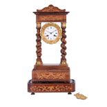 A 19TH CENTURY FRENCH ROSEWOOD INLAID PORTICO CLOCK the case with ormolu mounted barley twist