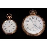 TWO EARLY 20TH CENTURY GOLD PLATED OPEN FACE POCKET WATCHES the larger signed Hamilton with an