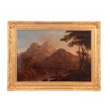 A LARGE 19TH CENTURY OIL ON CANVAS A mountainous Scottish landscape with figures by a river 61cm