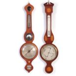 TWO WHEEL BAROMETERS comprising an Edwardian inlaid mahogany aneroid wheel barometer retailed by