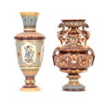 A METTLACH OVOID PEDESTAL VASE with raised and incised floral panelled decoration enclosing scenes