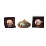 A PAIR OF CIRCULAR MINIATURES of port scenes and fishing boats, indistinct signature, mounted in