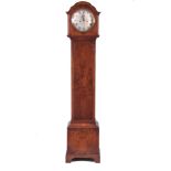 MAPLE, LONDON AN EARLY 20TH CENTURY BURR WALNUT GRANDMOTHER CLOCK having a shaped moulded pediment