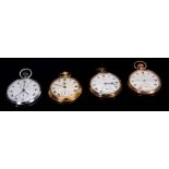 A COLLECTION OF FOUR OPEN FACE POCKET WATCHES the first gold plated signed Limit with keyless wind