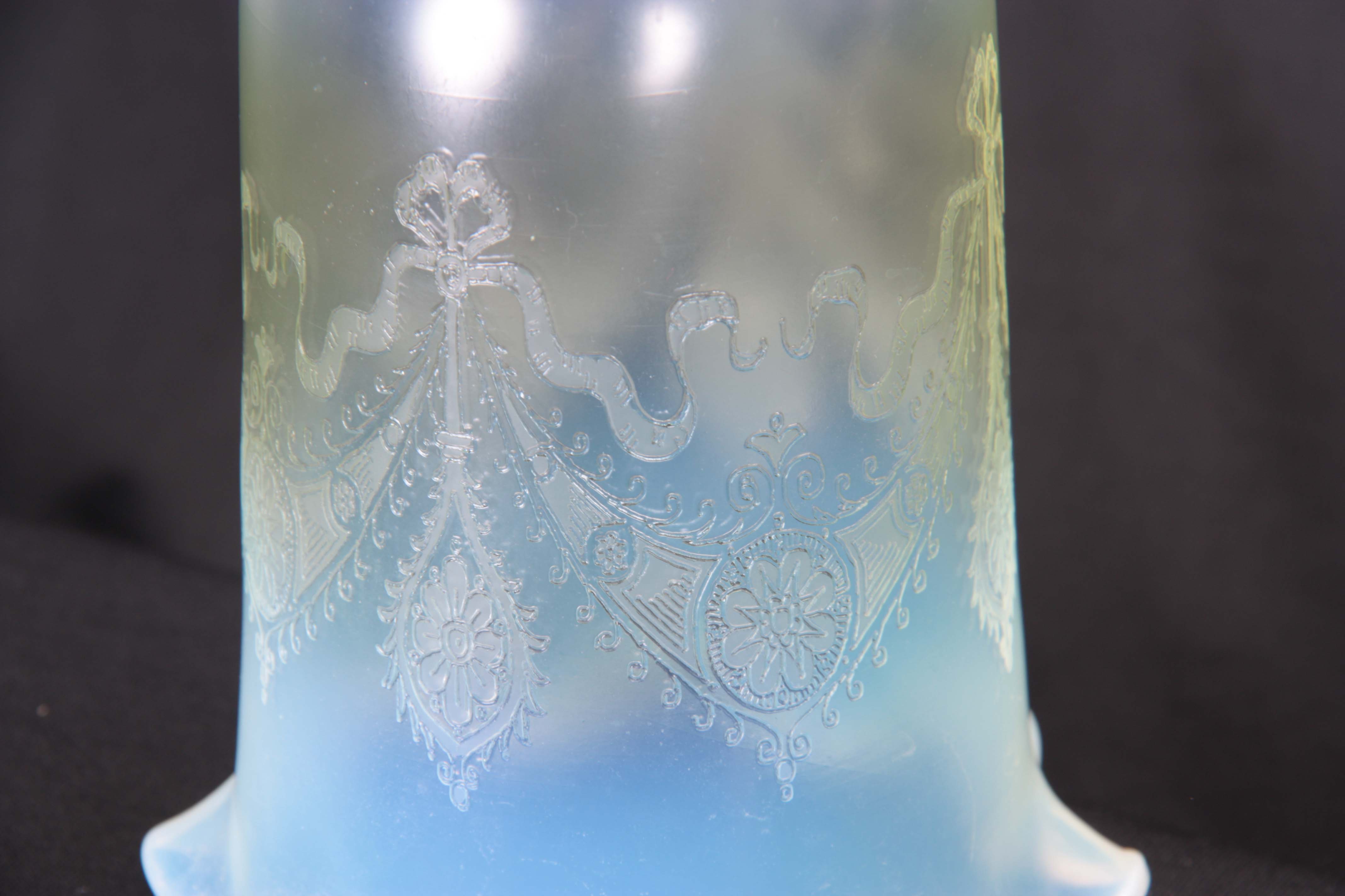 A 20TH CENTURY VASELINE GLASS HANGING SHADE of tapered form with scalloped rim and acid etched - Image 3 of 6