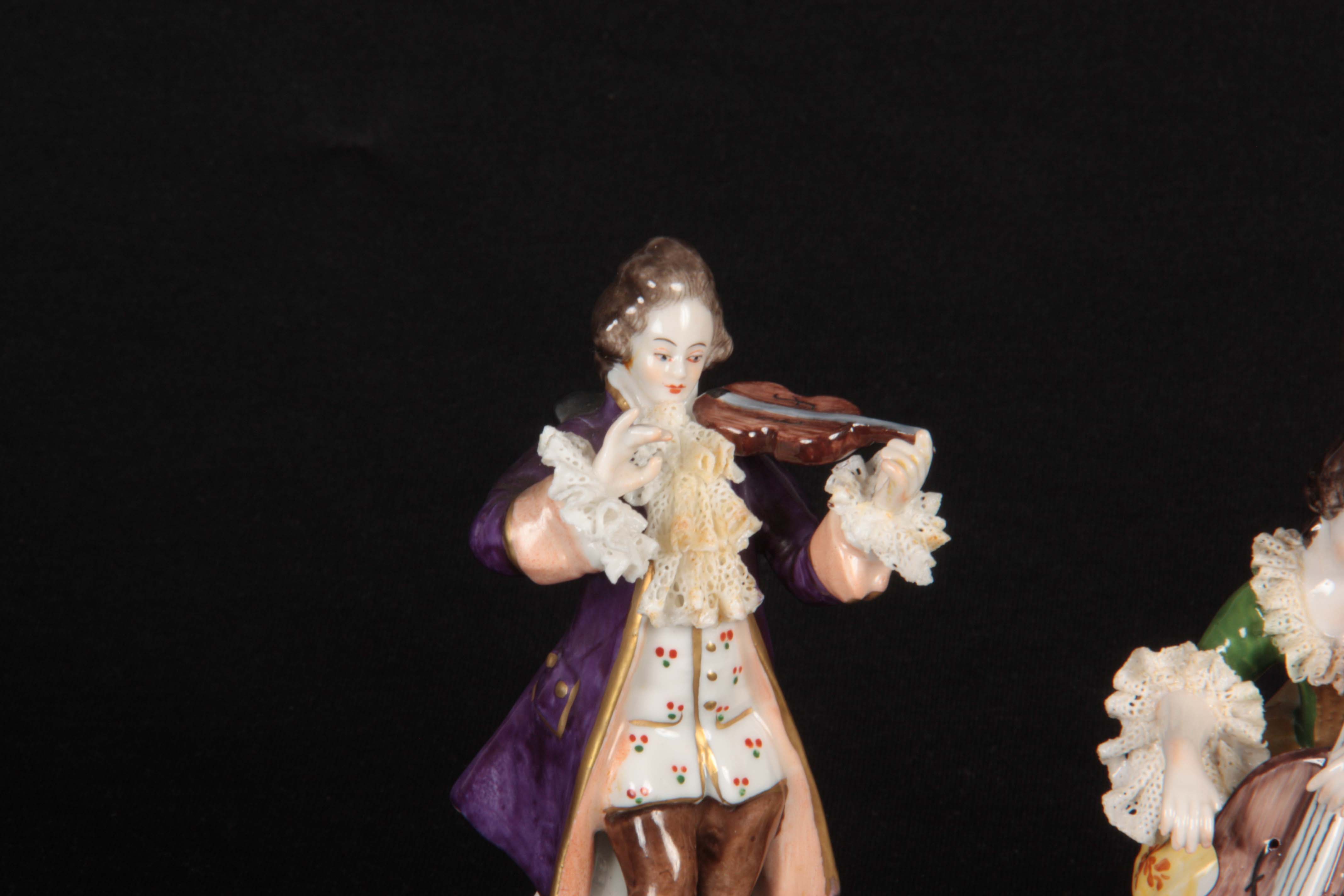 A PAIR OF GERMAN DRESDEN STYLE CLASSICAL MUSICIAN FIGURES modelled as a violinist and cellist, on - Image 2 of 5