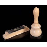TWO VICTORIAN IVORY AND SILVER MOUNTED PRESENTATION STONE MASON'S TOOLS with engraved monogram and