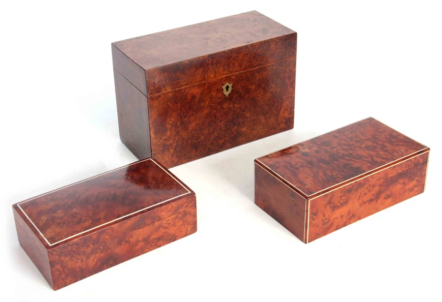 A COLLECTION OF THREE BOXES comprising a late 19th Century burr walnut rectangular example with - Image 2 of 11