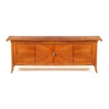 A STYLISH ITALIAN WALNUT SIDEBOARD with brass star inlaid corner set into a scroll ended top above a