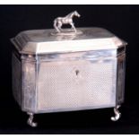 A 19TH CENTURY CONTINENTAL SILVER TEA CADDY with clipped chamfered corners having engine turned