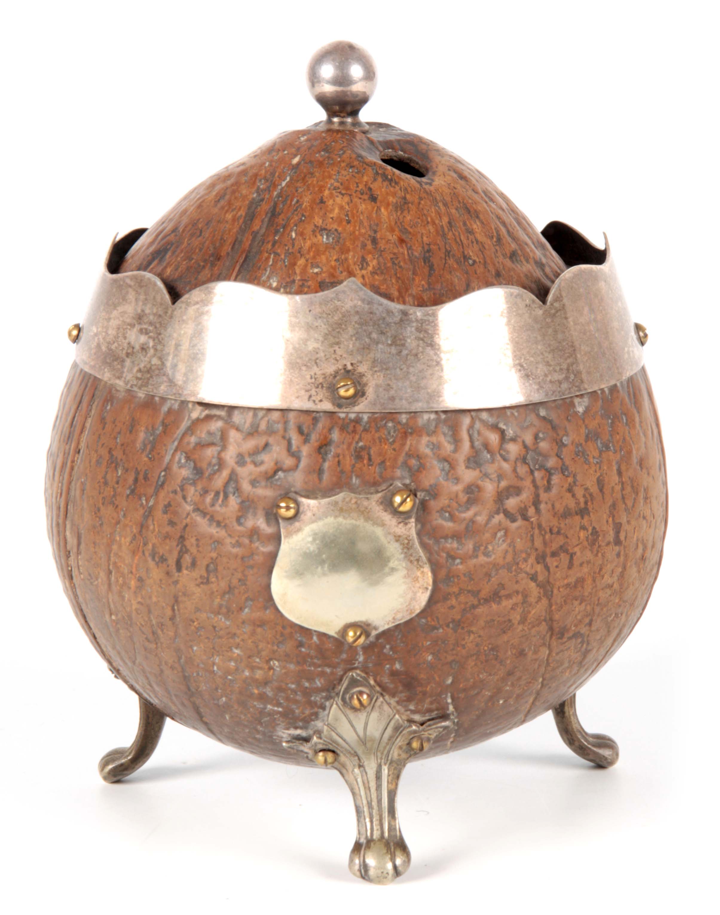 A 19TH CENTURY COCONUT CADDY with silver metal mounts and raised splay feet, the domed lid with - Image 2 of 12