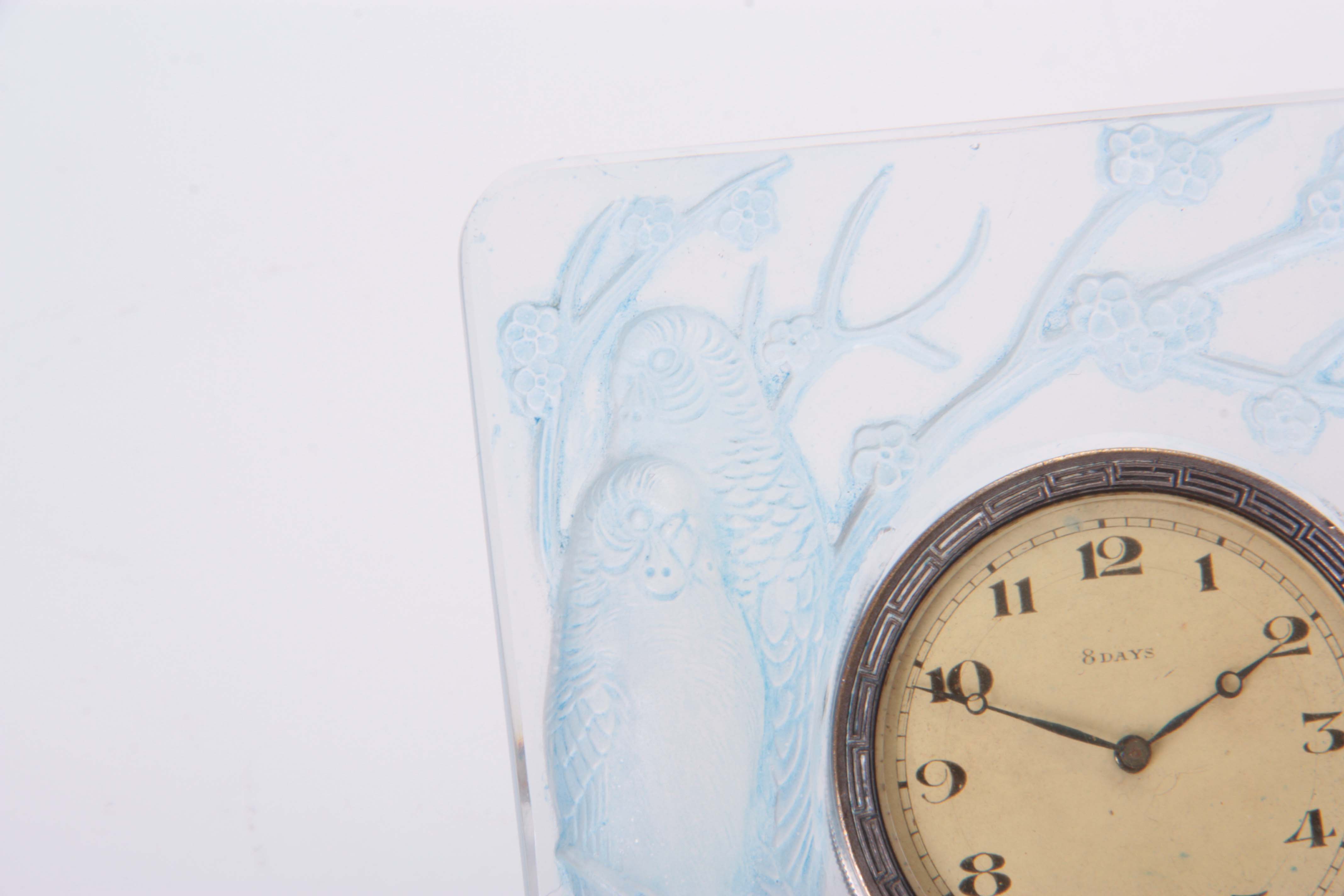 AN R LALIQUE INSEPARABLES OPALESCENT CLOCK WITH BLUE TINTING 1920's of square relief moulded form - Image 2 of 5