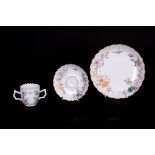 AN 18TH CENTURY CHINESE QIANLONG EUROPEAN-DECORATED TREMBLEUSE CUP, SAUCER AND SAUCER DISH finely