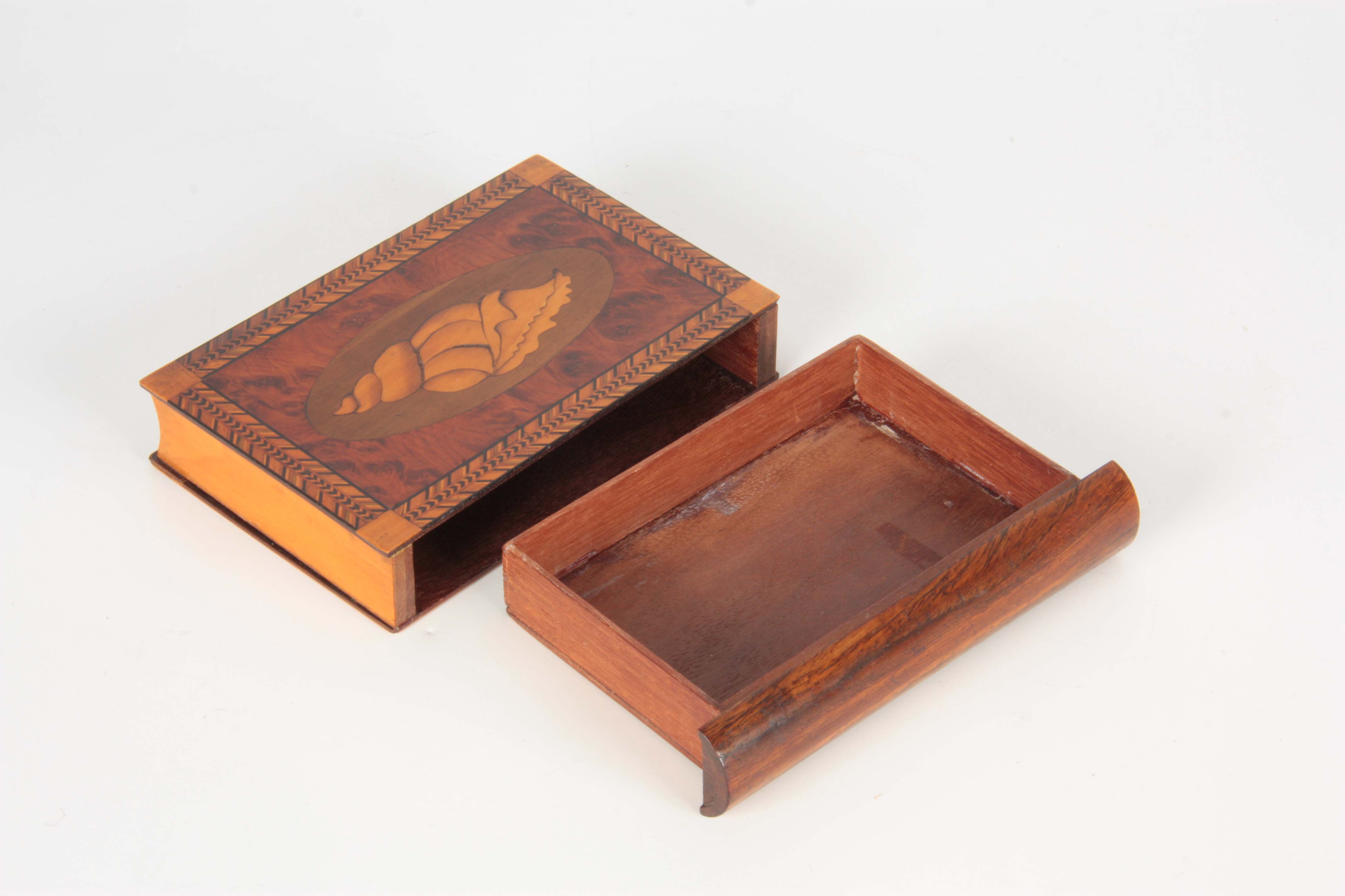 A 19TH CENTURY INLAID SPECIMEN WOOD SECRET BOX modelled as a book with conche' shell inlaid front - Image 5 of 5